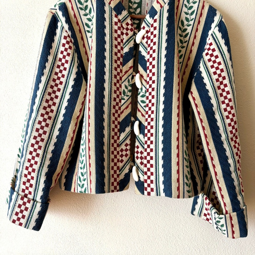 Doncaster Vintage Tapestry Jacket 10 Leaf Check Stripe Toggle USA Made 90s Artsy - Picture 11 of 12